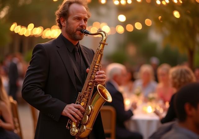 Saxofonista caminando entre mesas en una boda